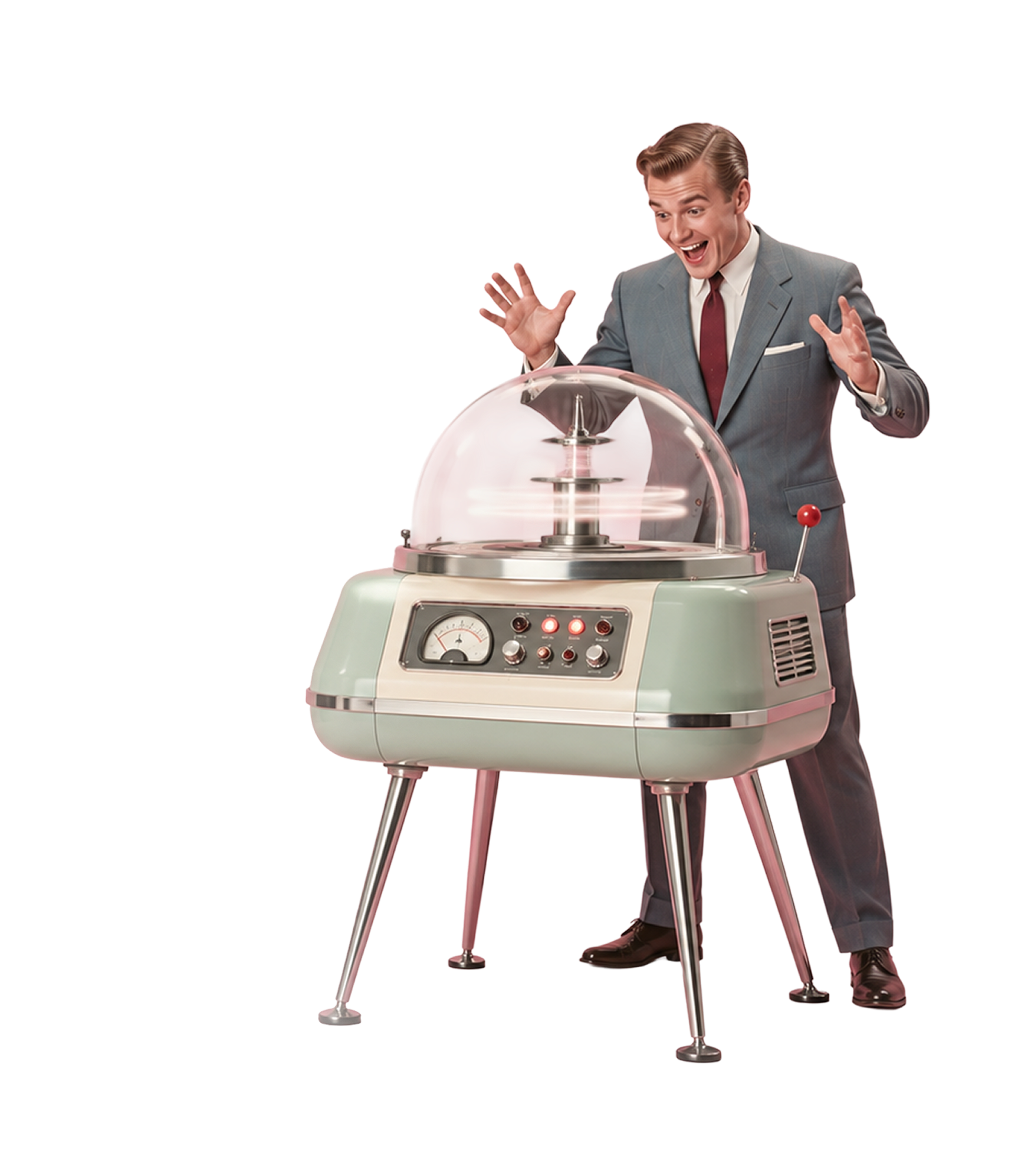 A surprised man standing behind a retro claims-processing machine.