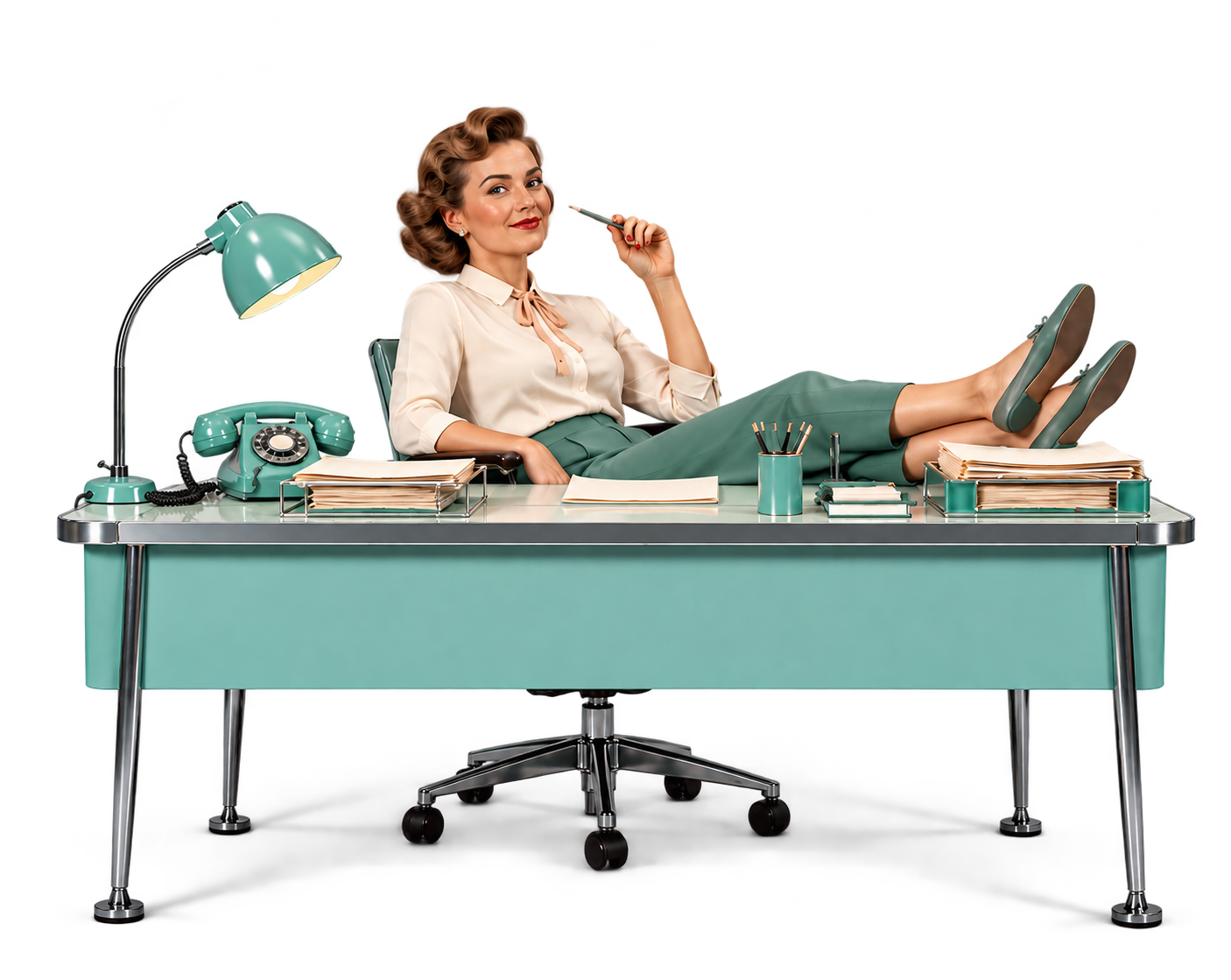 A woman relaxing with her feet on a mint-green desk beside a telephone and paperwork.