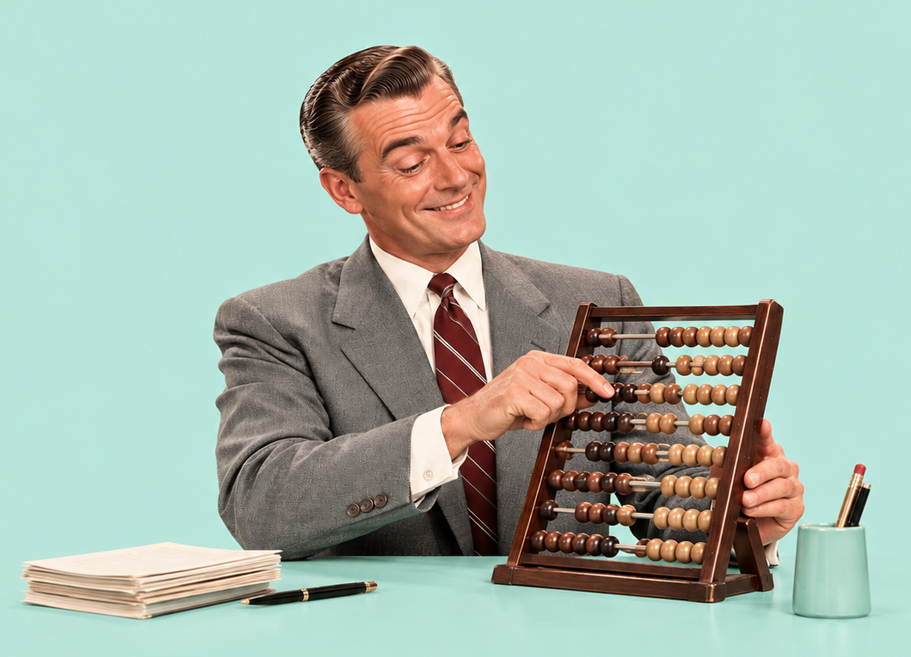 A smiling man demonstrating an abacus.