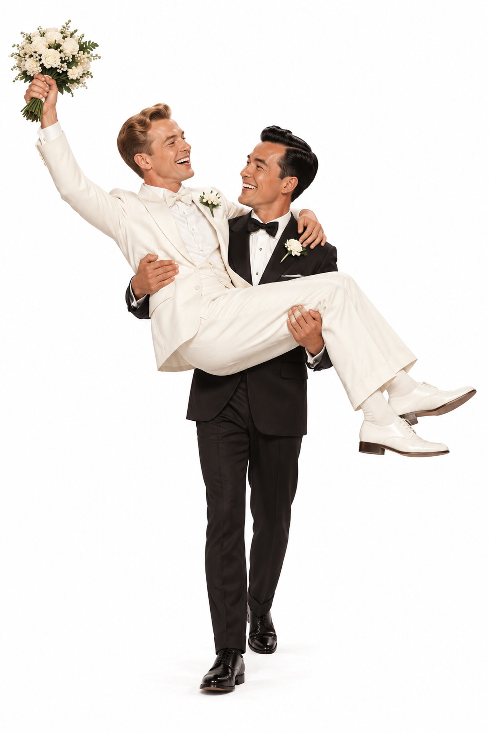 A smiling groom carrying his partner, who holds a wedding bouquet.